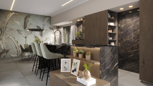 Cucina moderna con isola centrale, sgabelli, illuminazione a LED e rivestimenti in marmo nero e legno naturale
