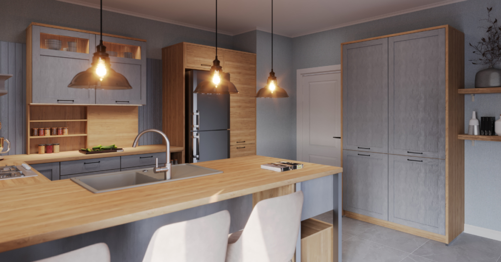 Cucina moderna con isola centrale, penisola in legno, pendenti in rame e mobili grigio-azzurro.