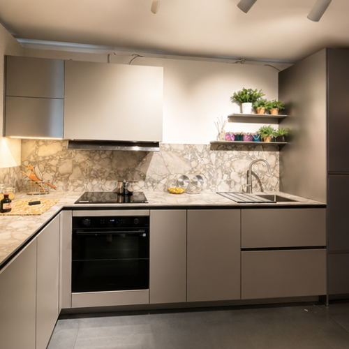 Cucina moderna grigia con penisola, marmo Calacatta, elettrodomestici neri e piante decorative - Life Cucine Italia