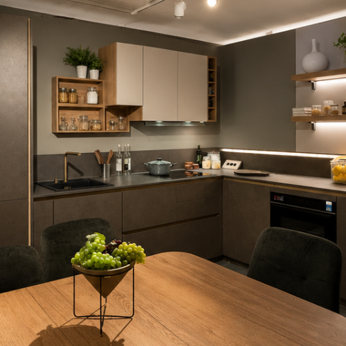 Cucina moderna Life con mobili scuri, tavolo legno, illuminazione LED e open space con zona living.